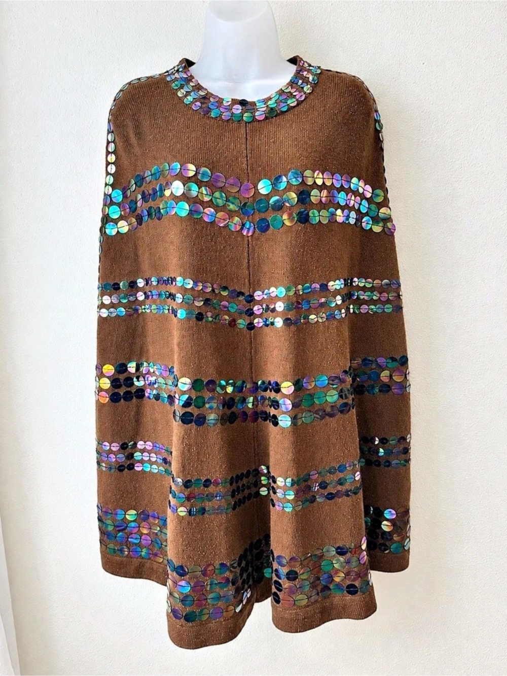 Victor Costa Occasion Brown Sequin Poncho Silk Blend Cape Tunic One Size Missy